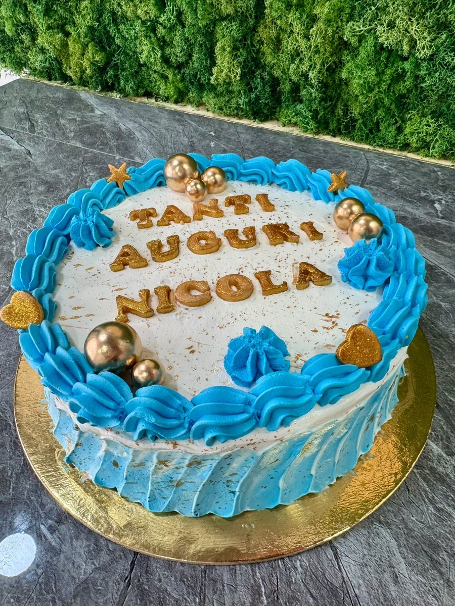 Torta Tanti auguri Nicola azzurra e oro